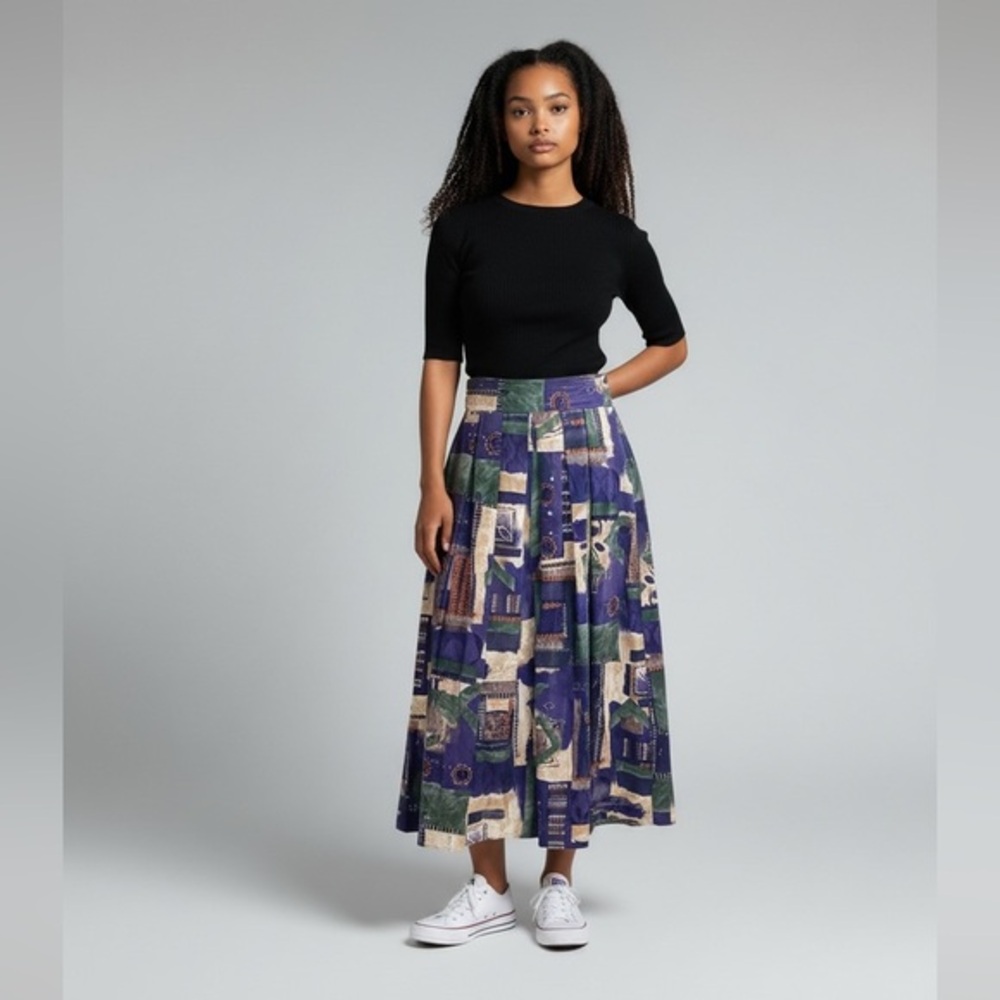 Vintage Indigo and Tan Printed Cotton Midi Skirt Size Small
